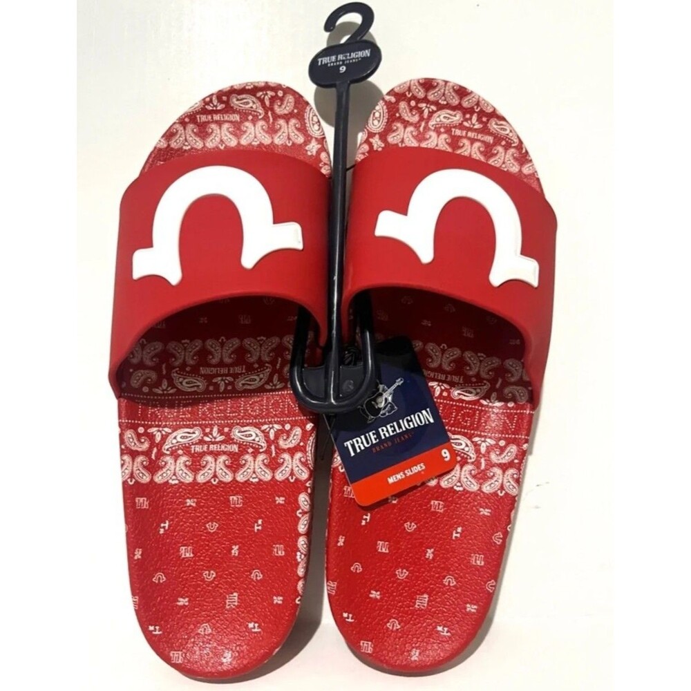 True Religion Mens Red Paisley Slide Sandals Slip On Flip Flop Shoes Size 8 New